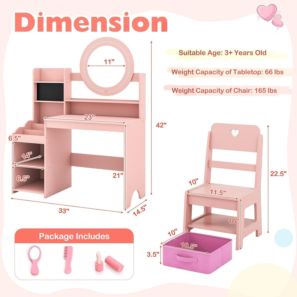 HONEY JOY Kids Vanity with Lights, Wooden Princess Makeup Dressing Vanity Desk with Jewelry Storage, Open Shelves, 2 in 1 Toddler Vanity Table & Chair Set with Lighted Mirror for Little Girls(Pink)