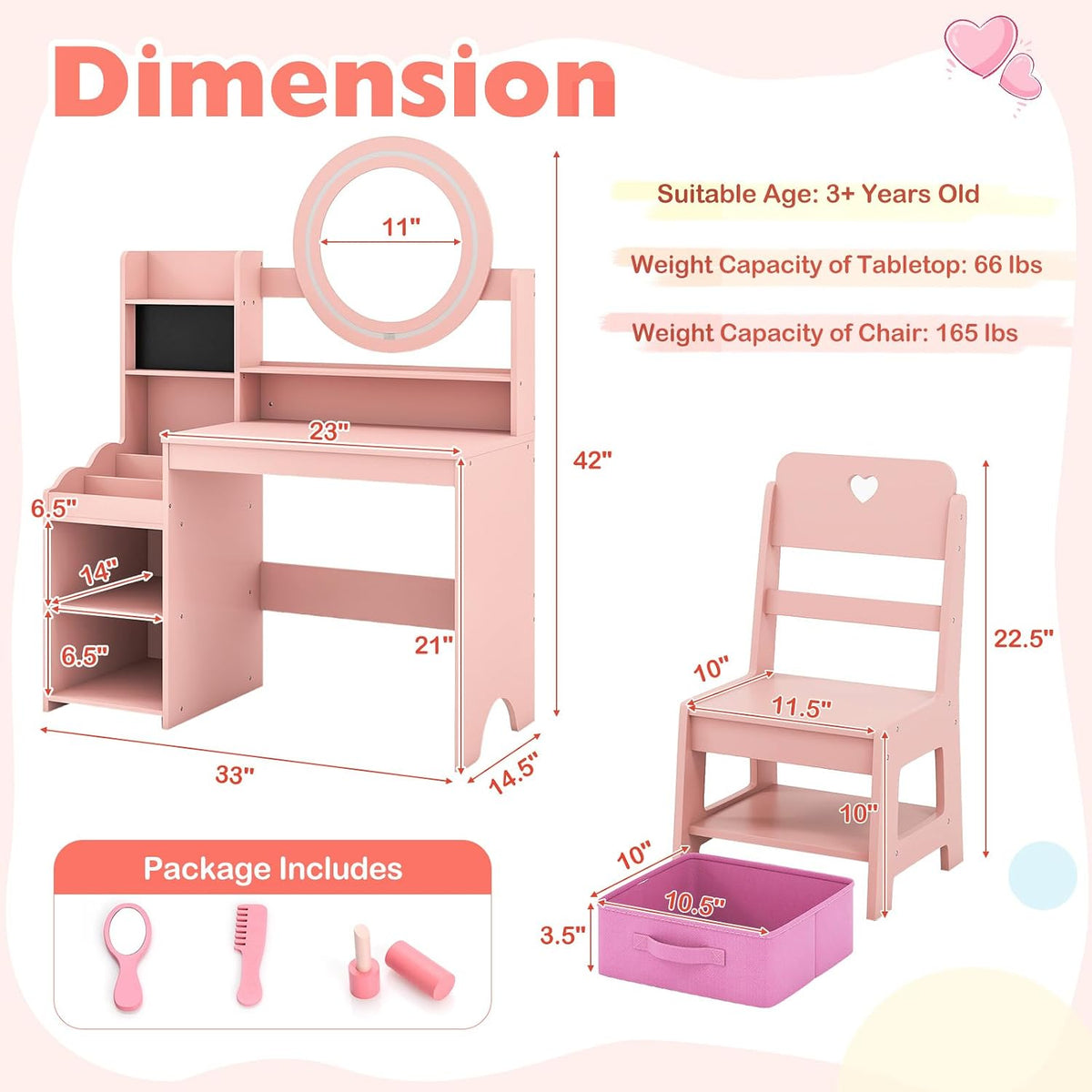 HONEY JOY Kids Vanity with Lights, Wooden Princess Makeup Dressing Vanity Desk with Jewelry Storage, Open Shelves, 2 in 1 Toddler Vanity Table & Chair Set with Lighted Mirror for Little Girls(Pink)