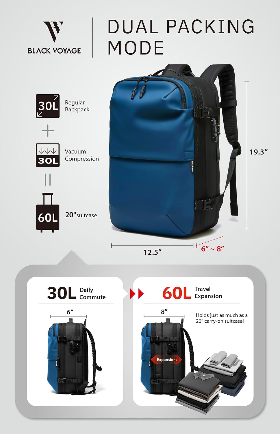 BlackVoyage Vortex Vacuum Seal Travel Backpack 60L Expandable Air Compression System Water Resistant TSA Lock Carry-On