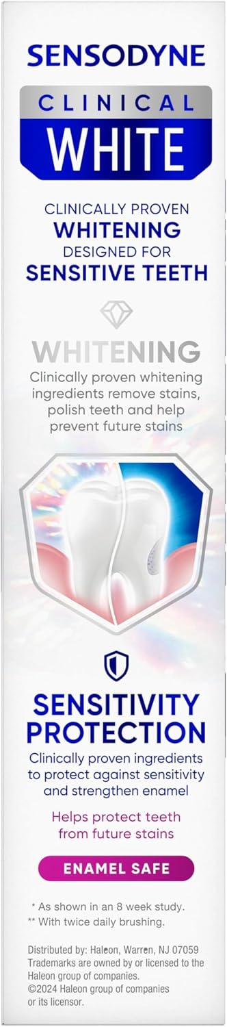 Sensodyne Clinical White Toothpaste Clinically Proven Whitening for Sensitive Teeth, Stain Protector, 3.4 oz (Pack of 12)