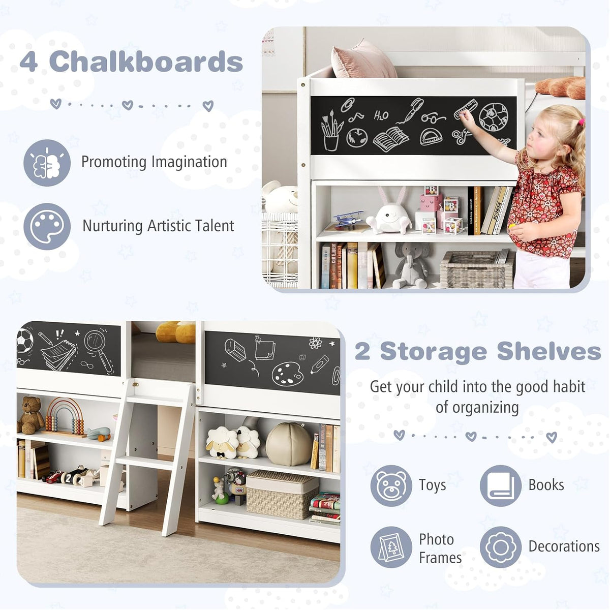 Giantex Low Loft Bed Twin Size, Wooden Loft Bed with Ladder & Blackboard, Twin Bed Frames for Kids with Storage 2 Bookcases and Play Space, White
