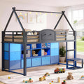 VIAGDO Twin Size Low Loft Bed with 9 Storage Drawers, Bookcase and LED Lights, House-Shaped Metal Twin Loft Bed with Step Stool and Safety Guardrail, Kids Loft Bed with Under-Bed Play Space, Grey