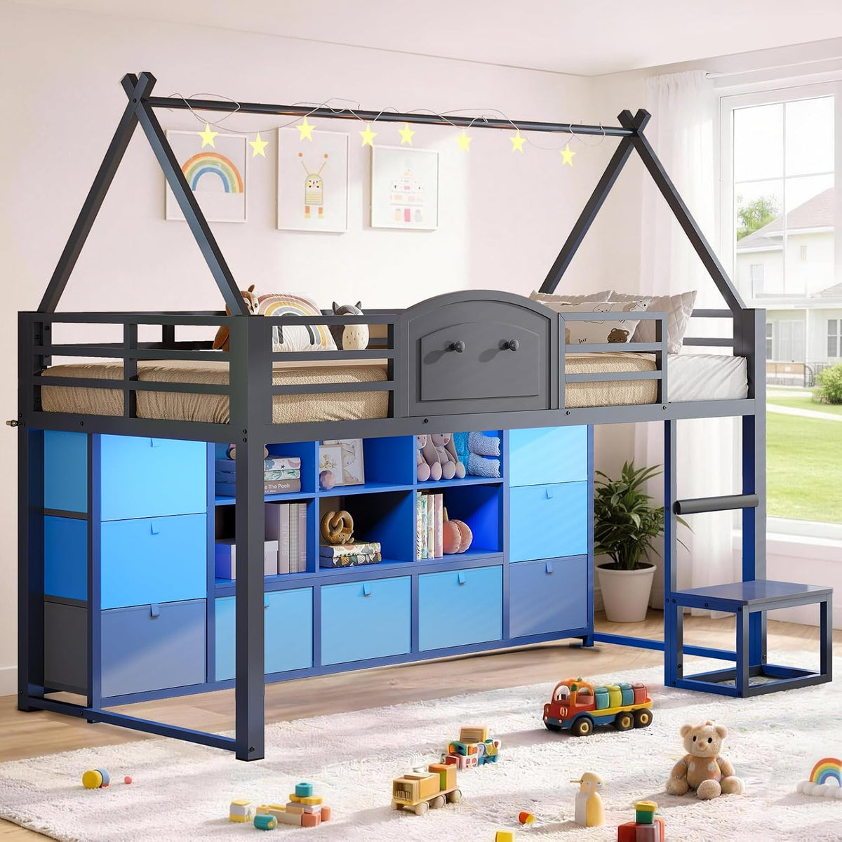 VIAGDO Twin Size Low Loft Bed with 9 Storage Drawers, Bookcase and LED Lights, House-Shaped Metal Twin Loft Bed with Step Stool and Safety Guardrail, Kids Loft Bed with Under-Bed Play Space, Grey