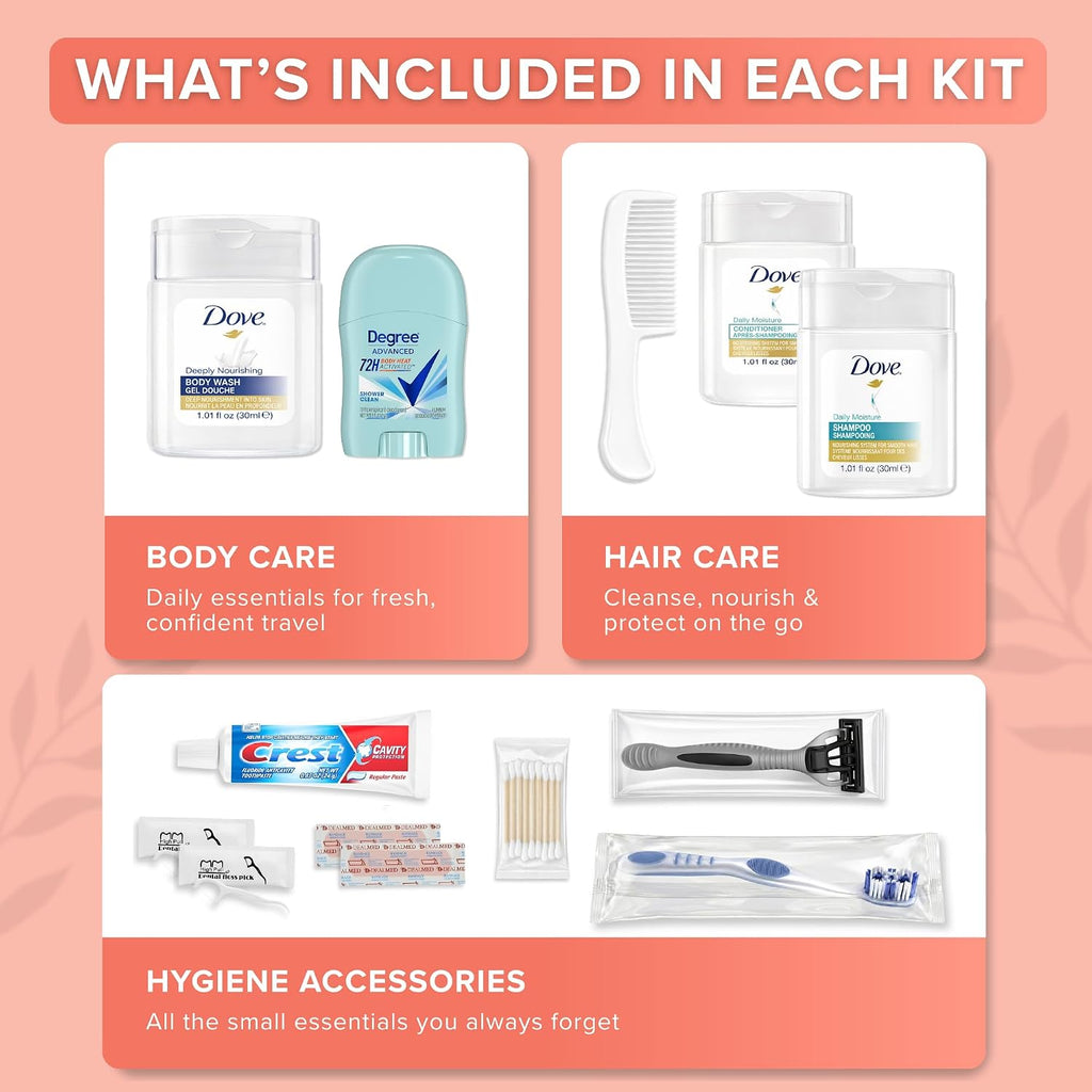 Women's 12 Piece Travel Hygiene Kit, Travel Size Toiletries Set with Cosmetic Bag, Carry On Essentials for Flights, Weekend Overnight Stay, Emergency Kit (100 Pack)