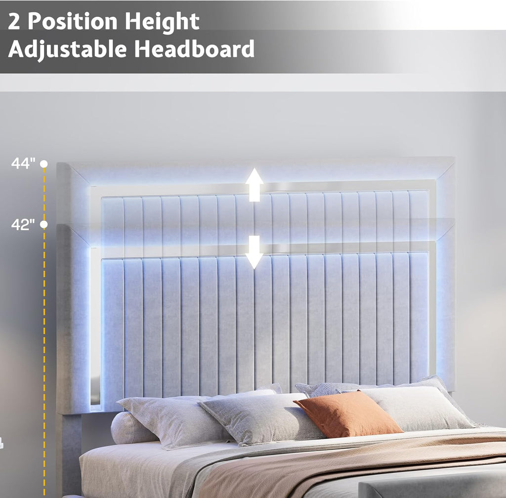Jocisland King Size Upholstered LED Bed Frame with 4 Storage Drawers, Velvet Platform Bedframe with Channel Tufted Adjustable Headboard, Gray