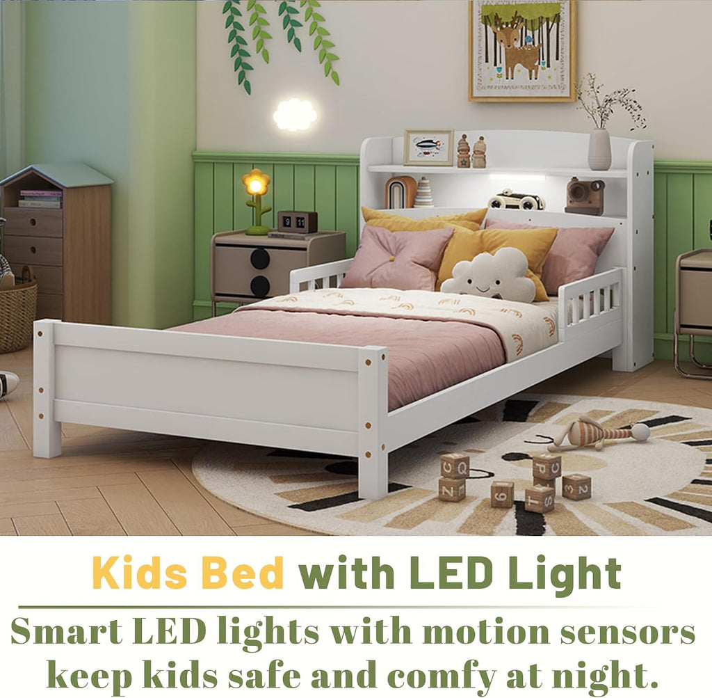 Twin Size Kids Bed, Twin Bed with Storage Bookcase & Headboard, Bed Frames with Rails & LED Motion Sensor Light, for Bedroom, for Boys & Girls, White