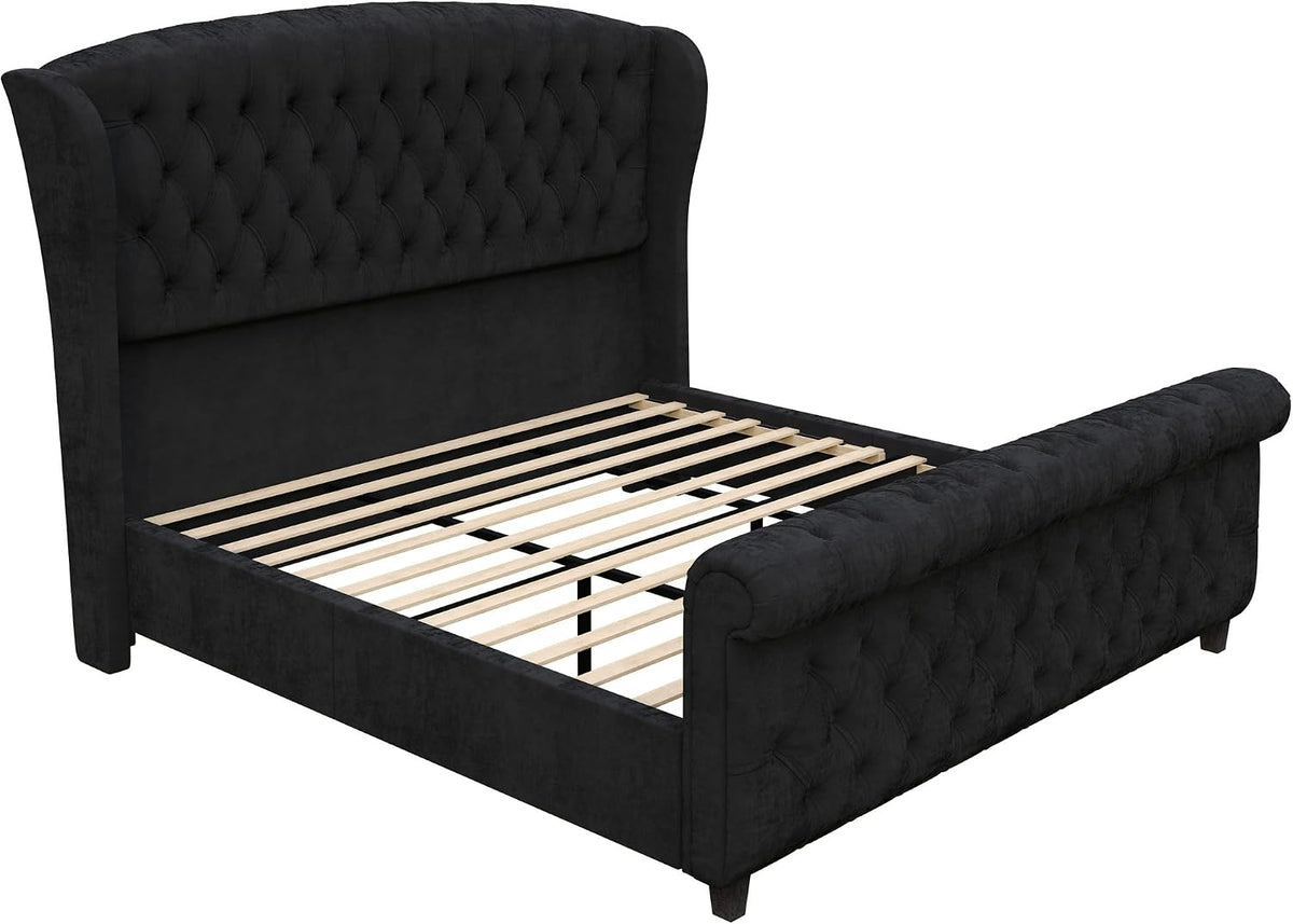 LUXOAK King Size Platform Bed Frame, Velvet Upholstered Sleigh Bed with Curved Headboard & Footboard, Deep Button Tufted, Wood Slats Support, No Box Spring Needed, Black