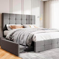 MUTICOR Full Size Bed Frame with 4 Storage Drawers, Upholstered Platform Bed with Button Tufted Adjustable Headboard, No Box Spring Needed, Easy Assembly, Square Tufted, Light Grey Fabric