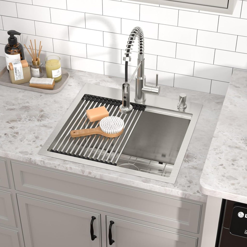 21x20 Drop In Laundry Sink with Faucet, 12' Deep 16 Gauge T-304 Stainless Steel Workstation Single Bowl Utility Sink for Laundry, Garage & Outdoor with All-In One Accessories #TL-FDOE00085