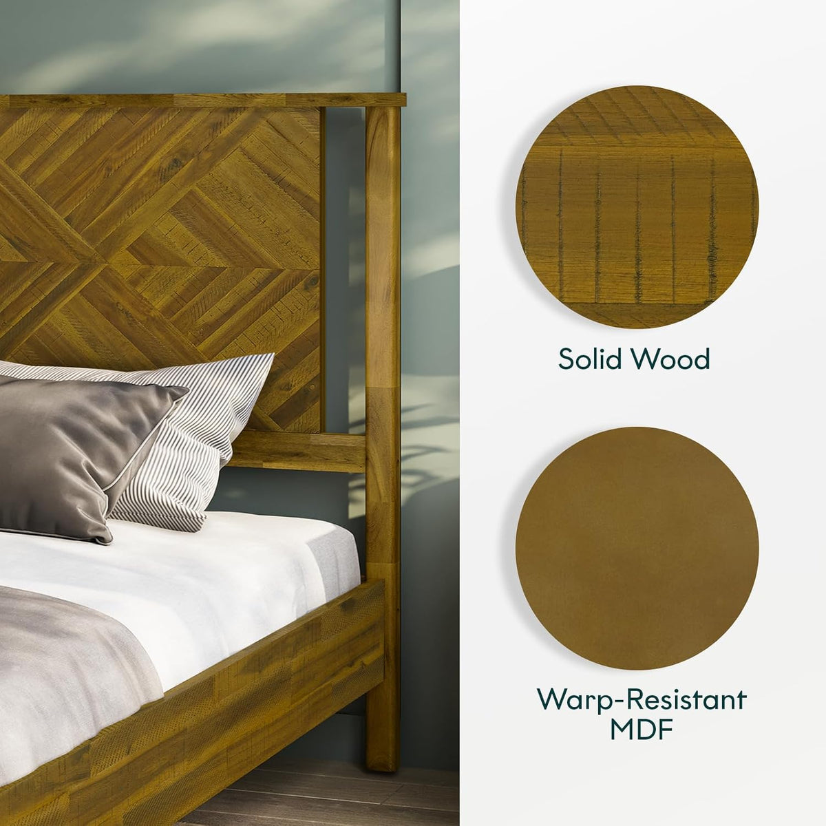 Bme Ethan Solid Wood King Bed Frame with Diamond Headboard - Rustic & Mid-century Modern - Acacia Wood Platform Bed - Compatible with All Mattresses - No Box Spring Needed - Rustic Brown