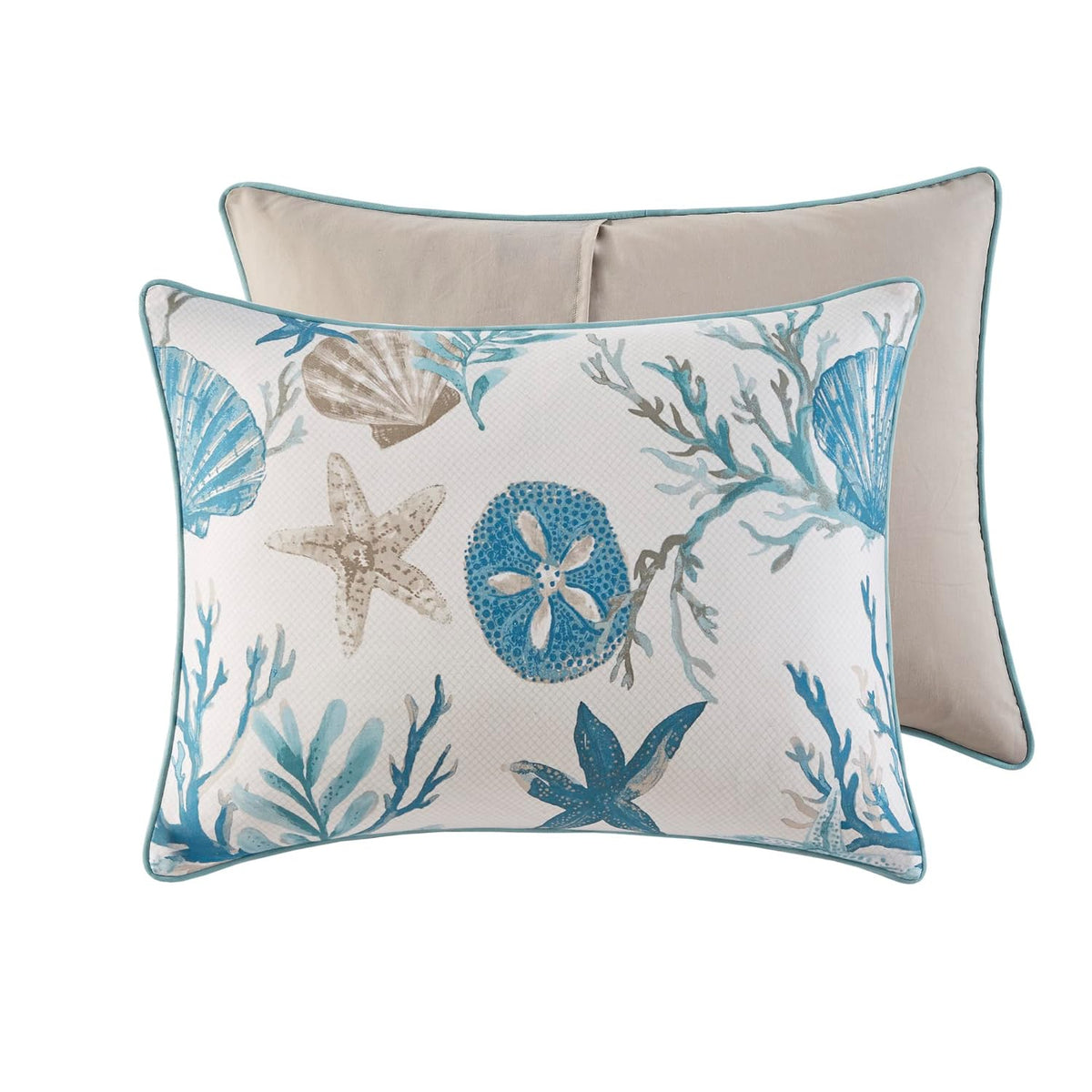 Madison Park Pebble Beach Cotton Duvet Set - Coastal, Starfish, Sealife Design, All Season, Breathable Comforter Cover Bedding, Matching Shams, Decorative Pillows, Aqua Full/Queen(90'x90') 6 Piece