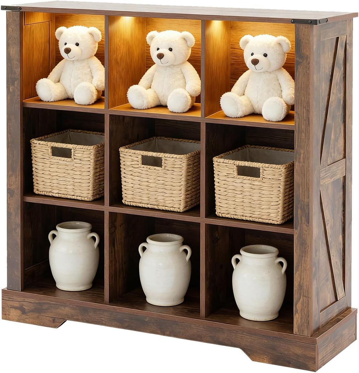 9 Cube Storage Organizer, Wood Cube Bookshelf with LED Lights, Horizontal Storage Cubes, Kids Bookshelf, Display Cabinet Cubby Shelf for Living Room Home Office Bedroom，Brown