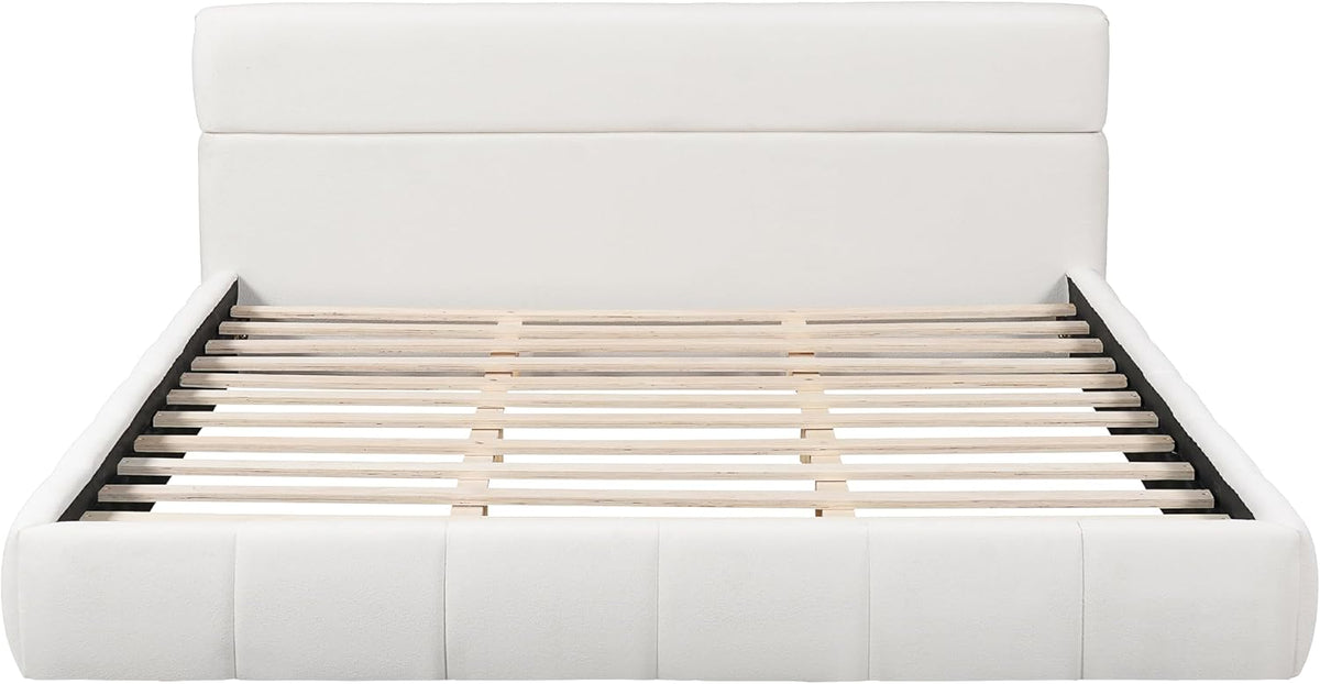 JIJIWANG King Size Upholstered Platform Bed Frame with Soft Boucle Fabric Headboard, Wooden Slats Support, No Box Spring Needed,Easy Assembly, White