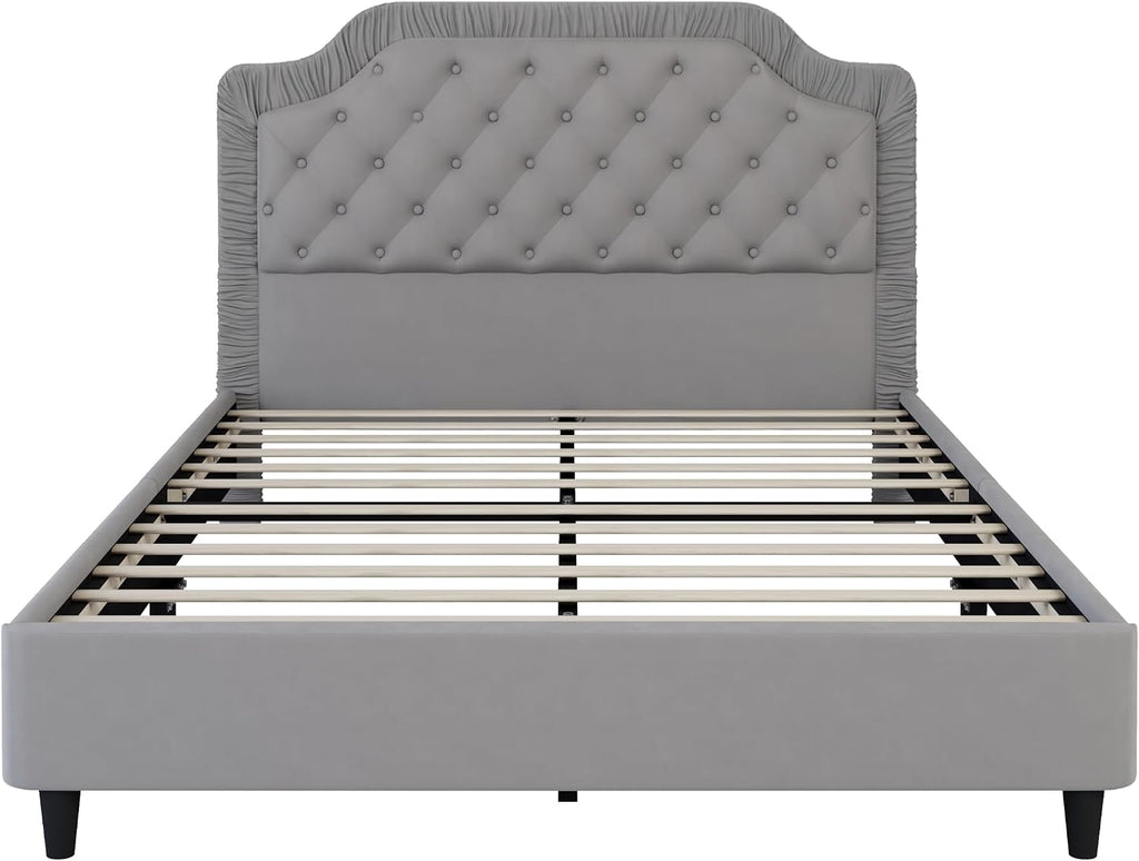 2-Pieces Bedroom Sets, Queen Size Tufted Velvet Upholstered Platform Bed with Storage Ottoman Bench for Kids Teens Adult Bedroom, Wood Slat Support, No Box Spring Needed (Gray-20c)