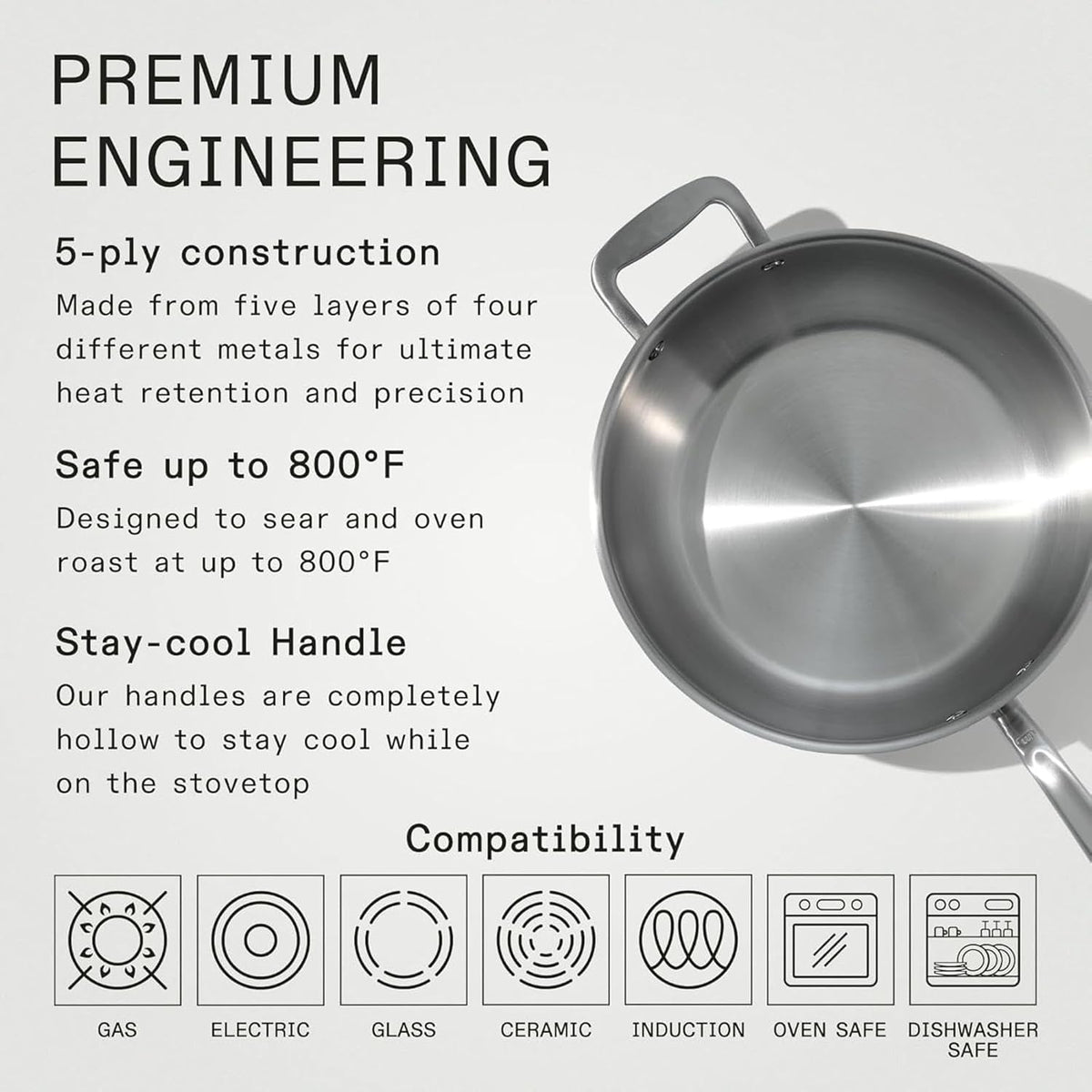 5 Quart Stainless Steel Saucier Pan - 5 Ply Stainless Clad - Professional Cookware - Induction Compatible