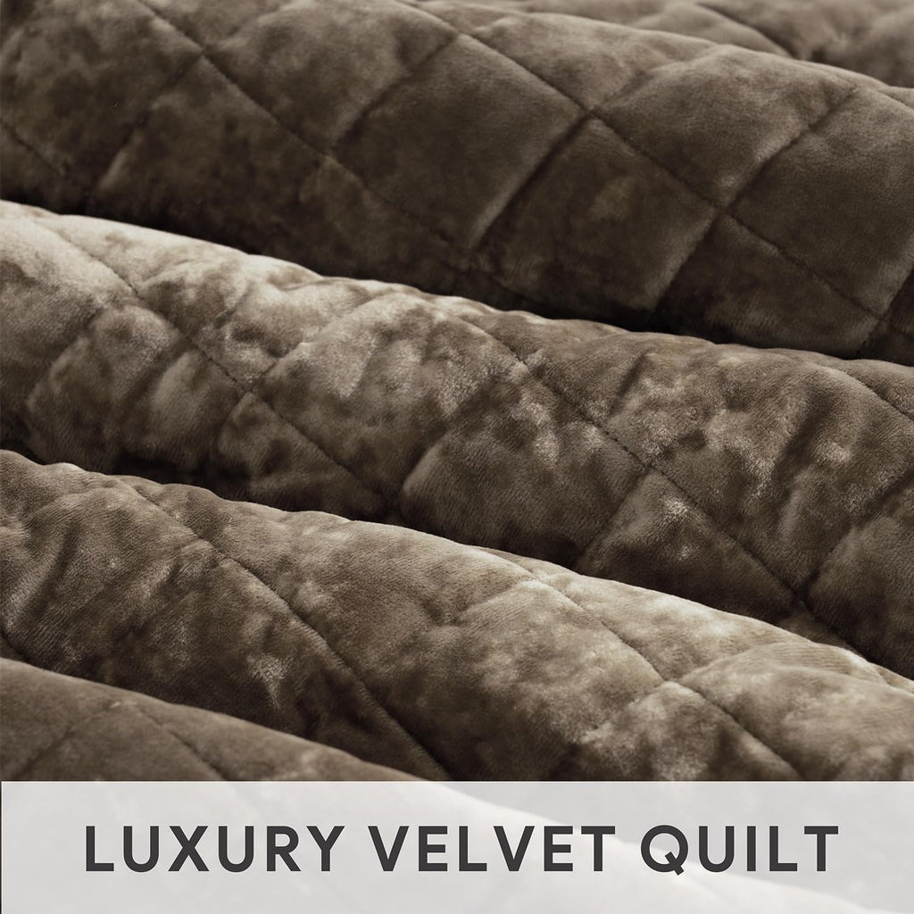 RECYCO Luxury Velvet Quilt Set, California King 118'' x 106'' Oversized Bedspread, Ultra Soft Velvet Comforter, Lightweight Box Stitch Bedding Sets for All Season, with 2 Shams, Mocha Brown