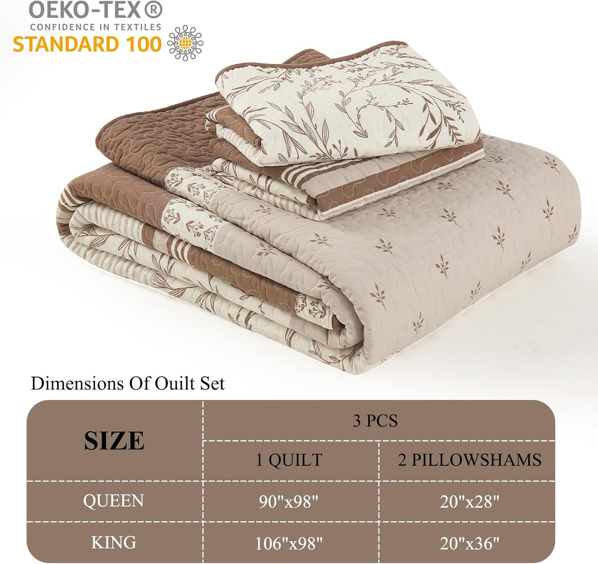 DDUOXIN 100% Cotton King Quilt - Modern Stripe Botanical Quilts with 2 Pillow Shams, Bedspread Reversible Lightweight Thin Comforter Bedding Set for All Seasons, Beaver Fur/Gray Morn/Whisper White