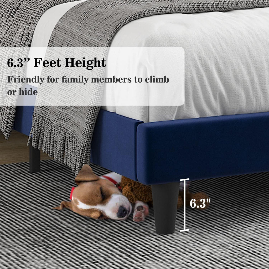 Allewie King Platform Bed Frame/Velvet Upholstered Bed Frame with Vertical Channel Tufted Headboard/Strong Wooden Slats/Mattress Foundation/Box Spring Optional/Easy Assembly/Navy Blue