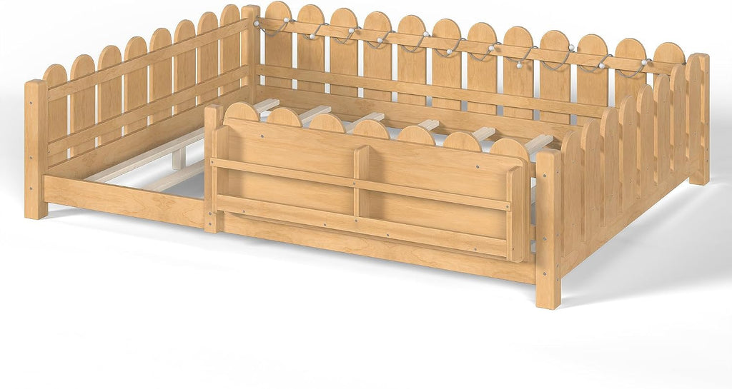 Bellemave Queen Size Floor Bed with Rails and Slats, Queen Size Montessori Floor Bed with Bookshelf, Fence and Lights, Low Profile Montessori Beds Frame for Girls, Boys, Light Natural