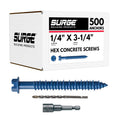 1/4' x 3-1/4' Hex Head Blue Concrete Screw Anchor with Drill Bit & Driver (Box of 500) | Masonry Screws for Concrete, Block, and Brick