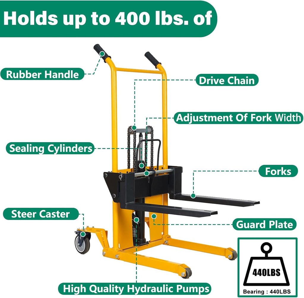 Foldable Hydraulic Material Lift Dolly, Pallet Stacker, 440lbs Capacity, Removable Steel Platform & Fork Arms, with Steer Caster, Winch Stacker (440 lb. Universal Wheel)