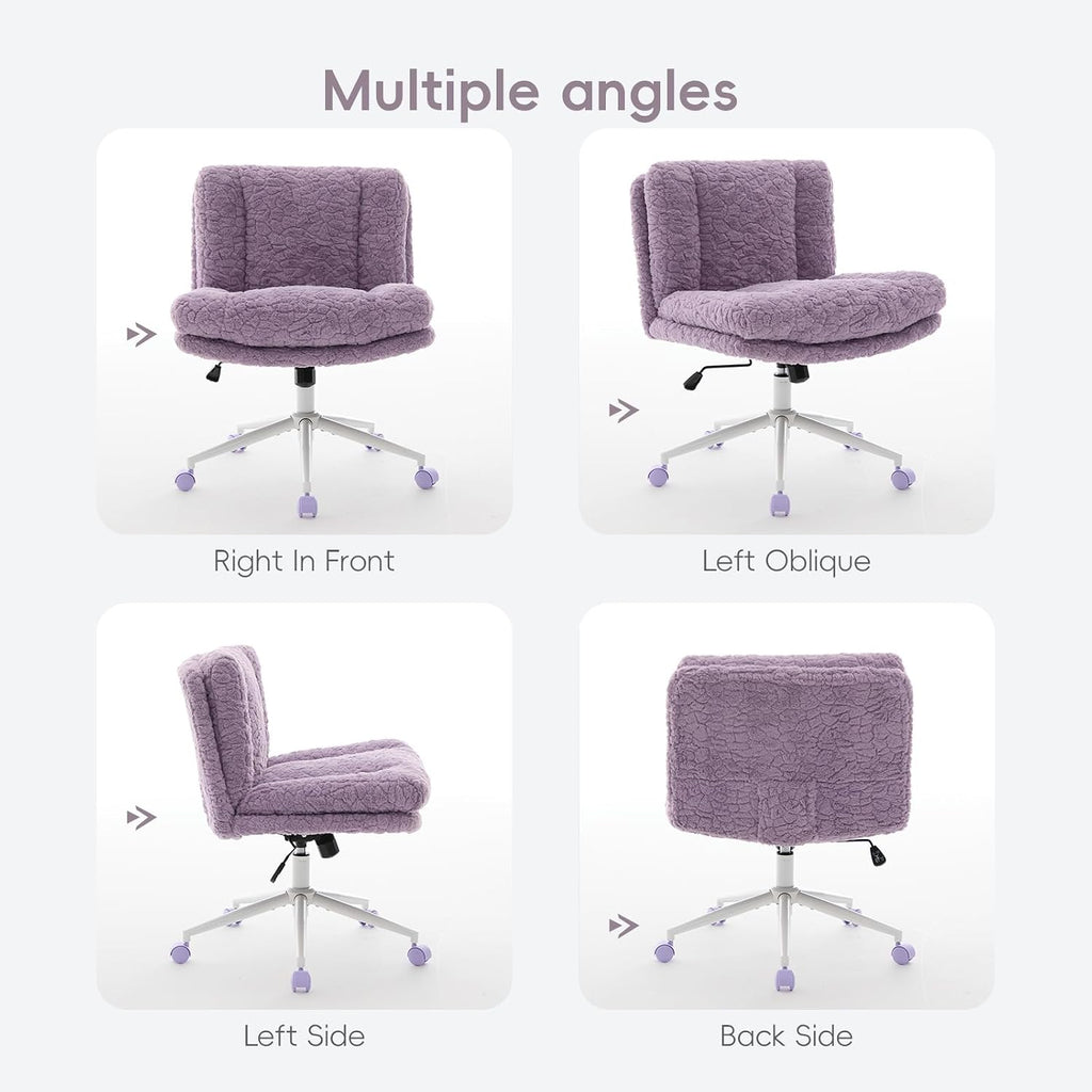 Upgraded Plush Faux Fur Criss Cross Office Vanity & Desk Chair with White Metal Base – Extra-Wide Seat & Tilt Backrest, Adjustable Swivel Makeup Chair for Bedroom, Study & Home Office, Lavender