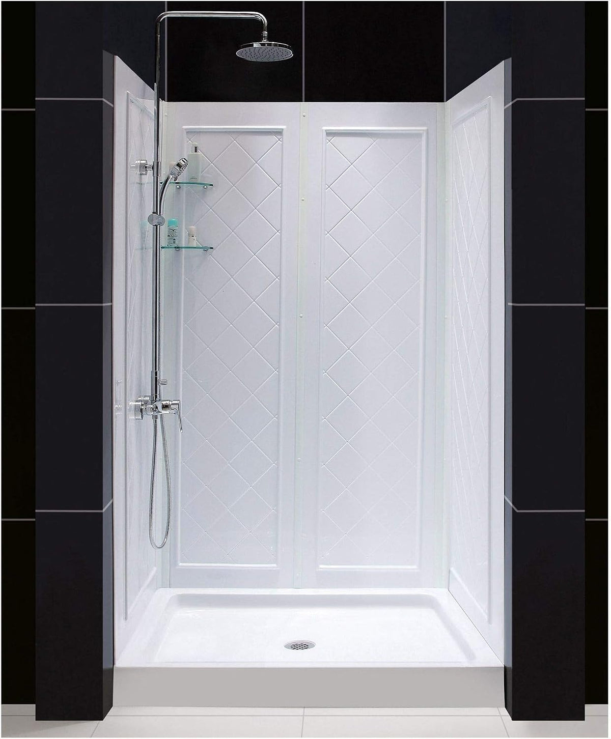 DreamLine 34 in. D x 48 in. W x 76 3/4 in. H Center Drain Acrylic Shower Base and QWALL-5 Backwall Kit In White, DL-6071C-01