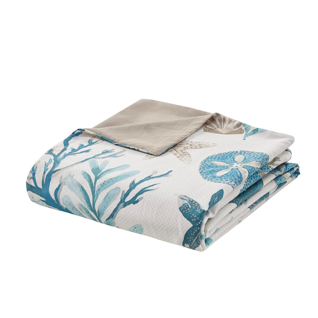 Madison Park Pebble Beach Cotton Duvet Set - Coastal, Starfish, Sealife Design, All Season, Breathable Comforter Cover Bedding, Matching Shams, Decorative Pillows, Aqua Full/Queen(90'x90') 6 Piece