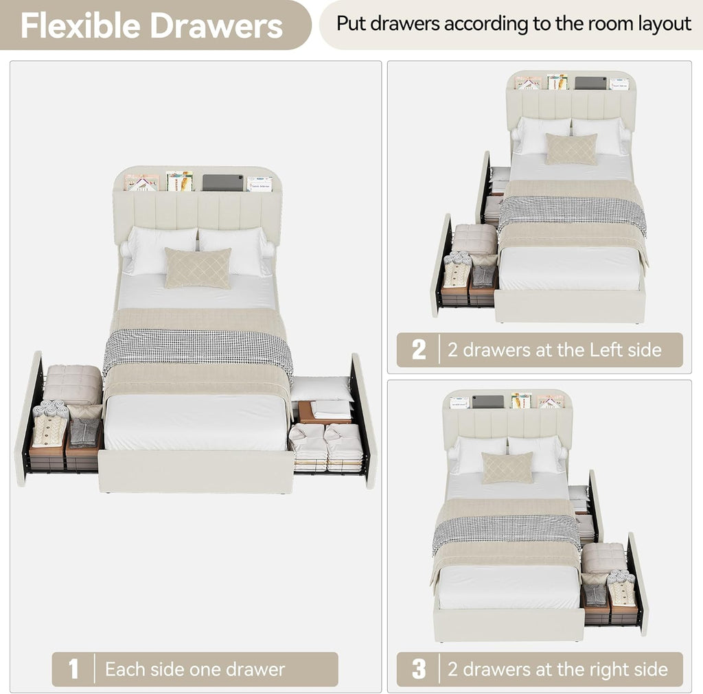 GarveeHome Twin Bed Frame with Storage Headboard, Kids Bed Frame with 2 Drawers, Boucle Upholstered Platform Bed with Bookcase, No Box Spring Needed, Easy Assembly, Ivory White