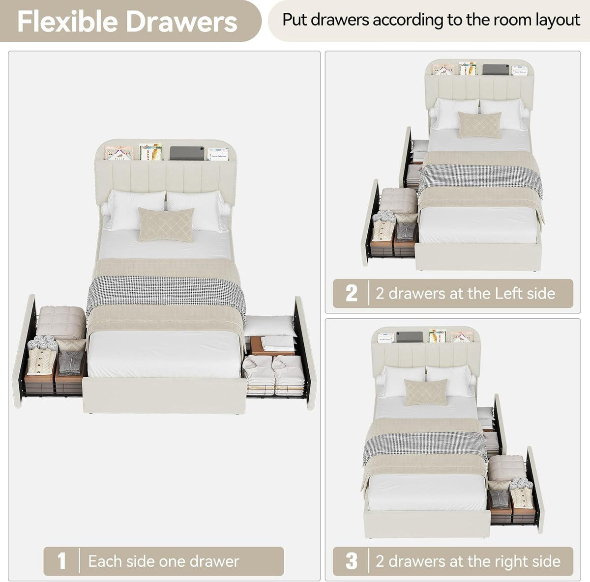 GarveeHome Twin Bed Frame with Storage Headboard, Kids Bed Frame with 2 Drawers, Boucle Upholstered Platform Bed with Bookcase, No Box Spring Needed, Easy Assembly, Ivory White