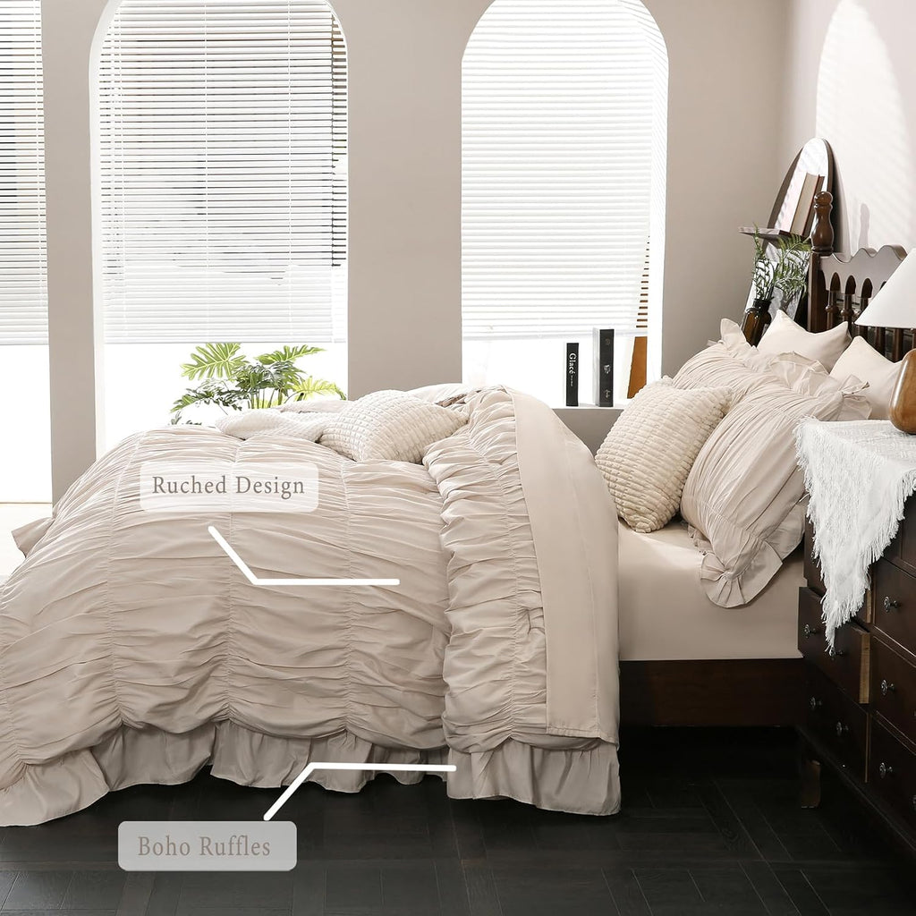 Herside Beige Comforter Set King Size,Ruched Boho Bedding 9-Piece Bed-in-a-Bag for All Seasons,Fluffy Farmhouse Ruffle Bedding Set with Comforter, Flat Sheet, Fitted Sheet, Pillow Shams, Pillowcases