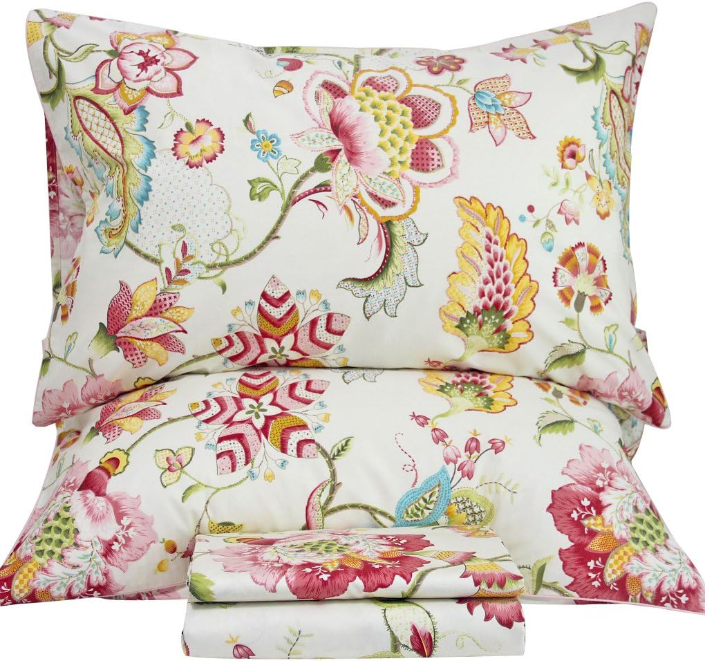 QSH Floral King Size Sheet Sets - Lotus Botanical Print Printed Bedding 100% Egyptian Cotton Sheets for King Size Bed Sheets with Deep Pockets Extra Soft and Breathable 4pcs