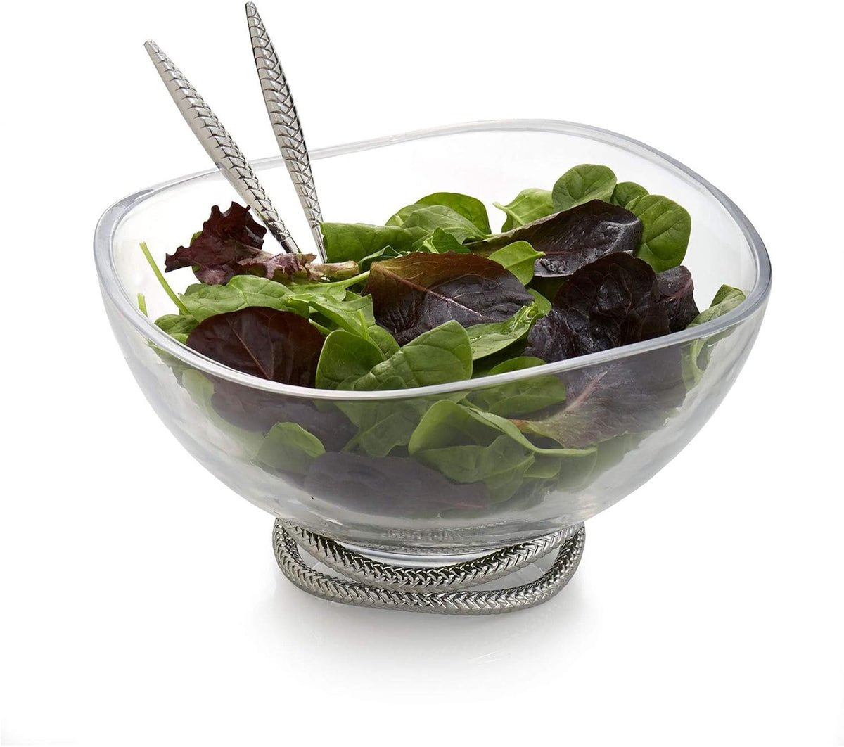 nambe Braid Glass Salad Bowl with Servers | Large 12-Inch Mixing and Serving Dish | Thick Glass Bowl for Salads, Fruit, and More | Stainless Steel Serving Spoons | Dishwasher Safe