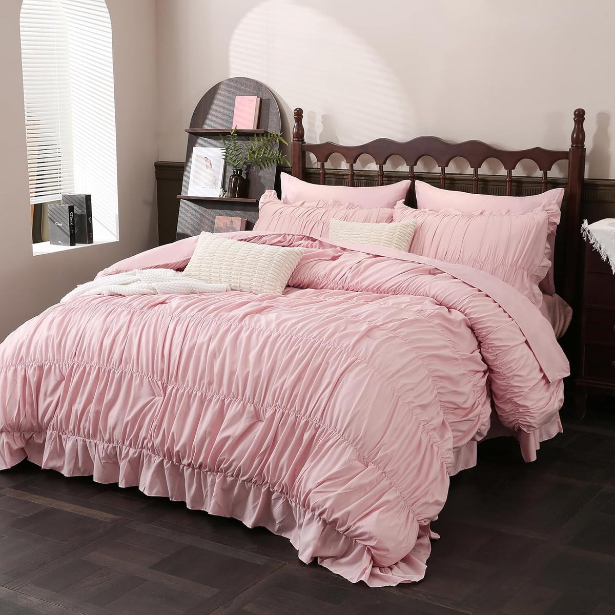 Herside Pink Ruffle Comforter Set King Size,9 PCS Ruched Bedding Bed-in-a-Bag Pleated Ruffle Bedding Set,Shabby Chic Boho Soft and Fluffy Comforter Vintage Bedding for All Season Home Decor | Ruffle Ruched