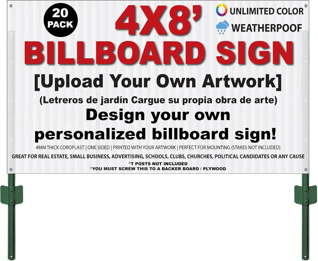 Custom + Personalized Large Yard Sign, 96 x 48 inch (8ft x 4ft), Outdoor, Weatherproof Corrugated Plastic, Multiple Pack Selection (20)