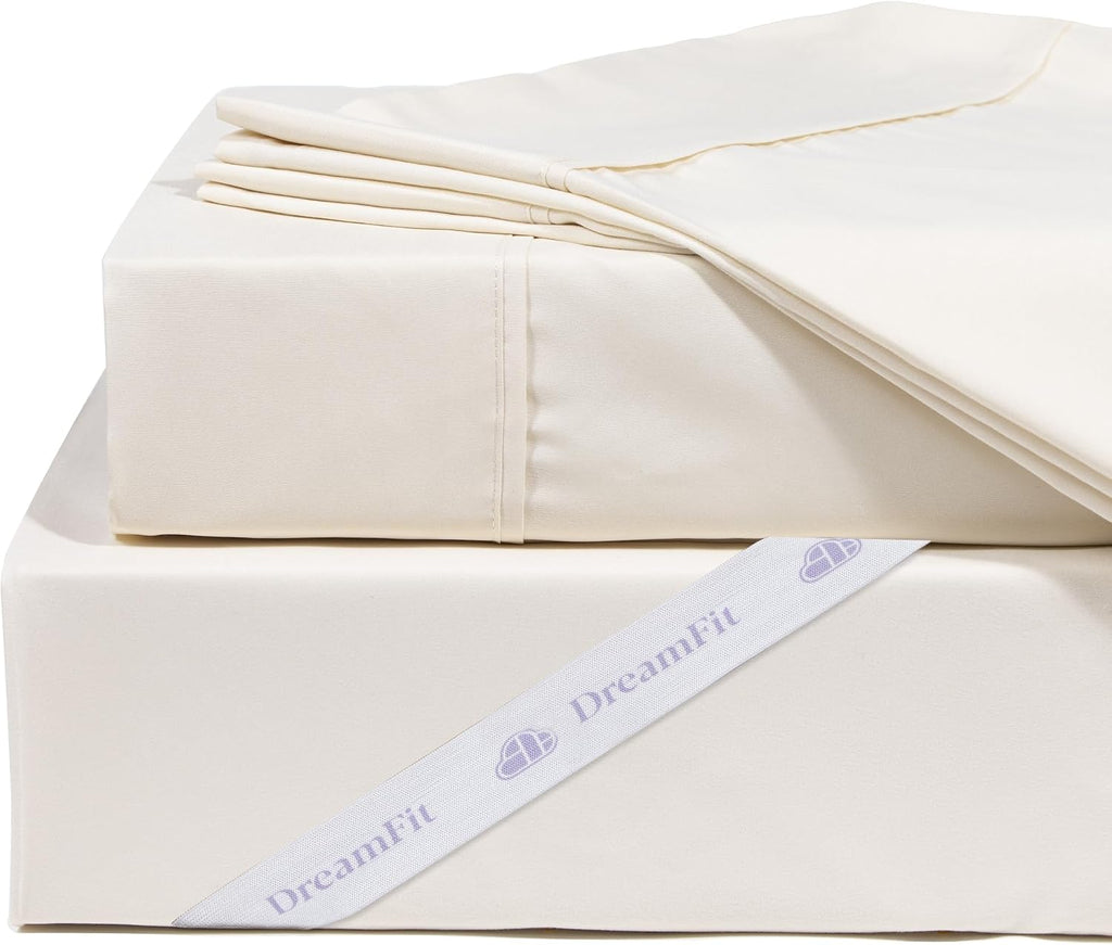 DreamFit DreamCool 100% Egyptian Cotton Cooling Bed Sheet Set with Elastic Corner Straps Extra Deep Pocket Crafted in USA Queen Sheet Set Ivory
