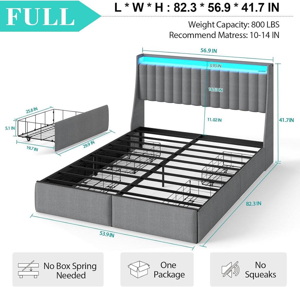 Doltoro Full Size Bed Frame with Headboard and 4 Storage Drawers, Upholstered Wingback Metal Platform Bed with LED Lights and Charging Station, No Box Spring Needed, Noise Free, Easy Assembly, Gray
