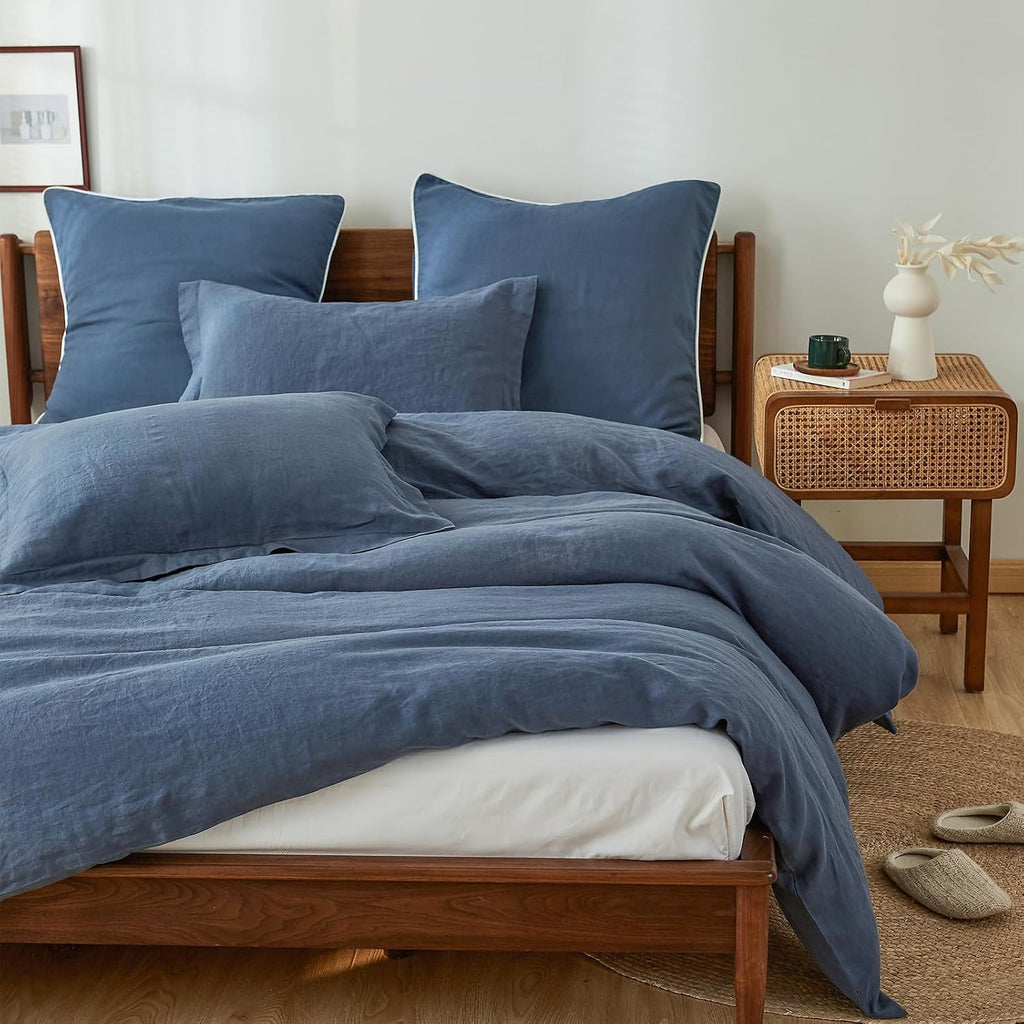 Simple&Opulence 100% Linen Duvet Cover Set, 3 PCS Classic Blue Duvet Cover Queen Size, Breathable Soft Comfy Linen Bedding Comforter Cover with 2 Pillowcases(Classic Blue, 88'x92')