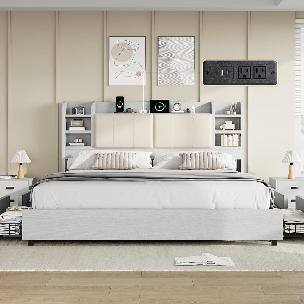 AMERLIFE King Size Bed Frame with Charging Station, 4 Drawers & Hidden Storage, Upholstered Cushion Backrest, Wooden Platform Bed with Bookcase Headboard, Heavy Duty Metal Frame, Light Grey