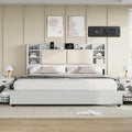 AMERLIFE King Size Bed Frame with Charging Station, 4 Drawers & Hidden Storage, Upholstered Cushion Backrest, Wooden Platform Bed with Bookcase Headboard, Heavy Duty Metal Frame, Light Grey