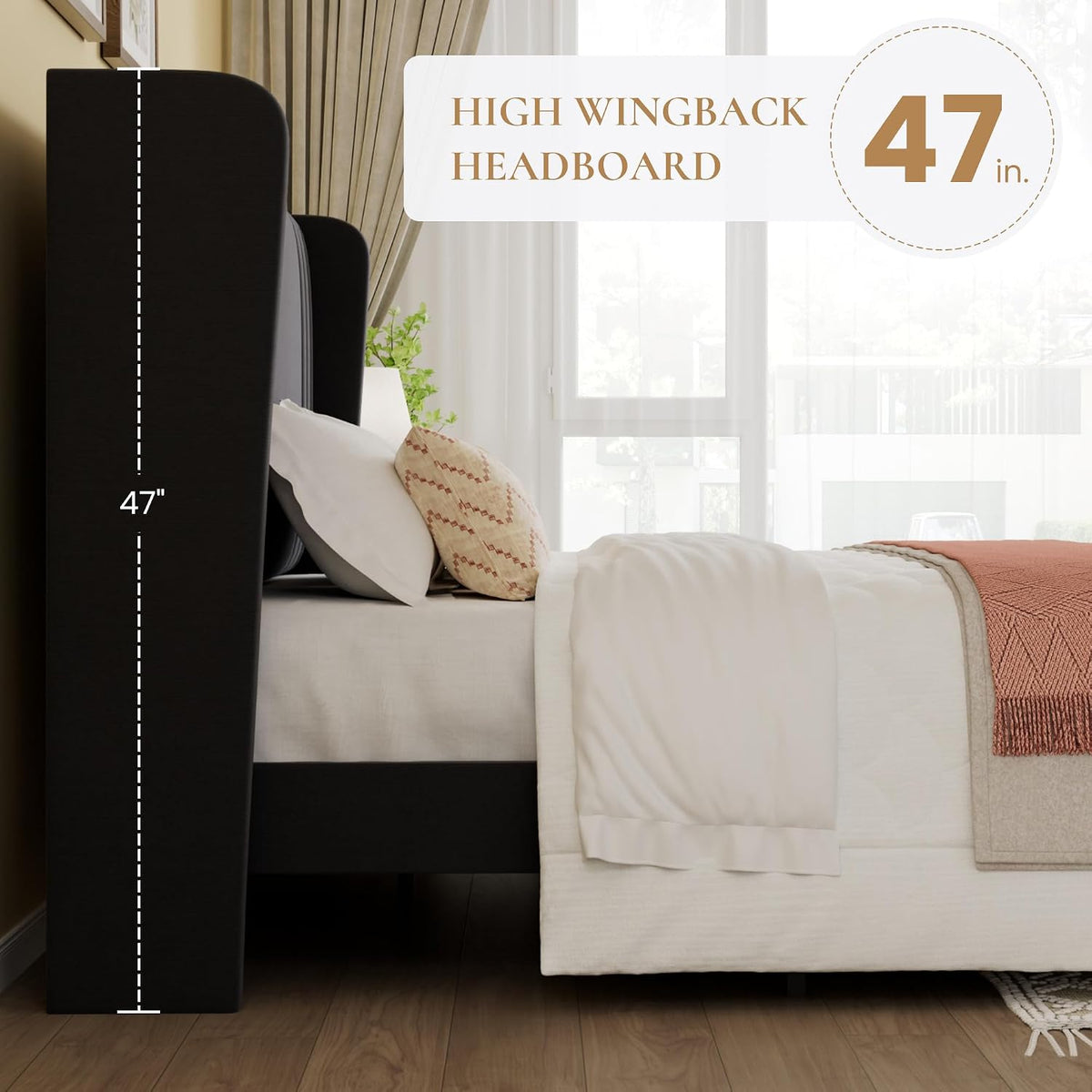 SHA CERLIN King Size Velvet Upholstered Platform Bed Frame with Vertical Channel Tufted Wingback Headboard, Wooden Slats Support, Easy Assembly, Under Bed Storage, No Box Spring Required, Black