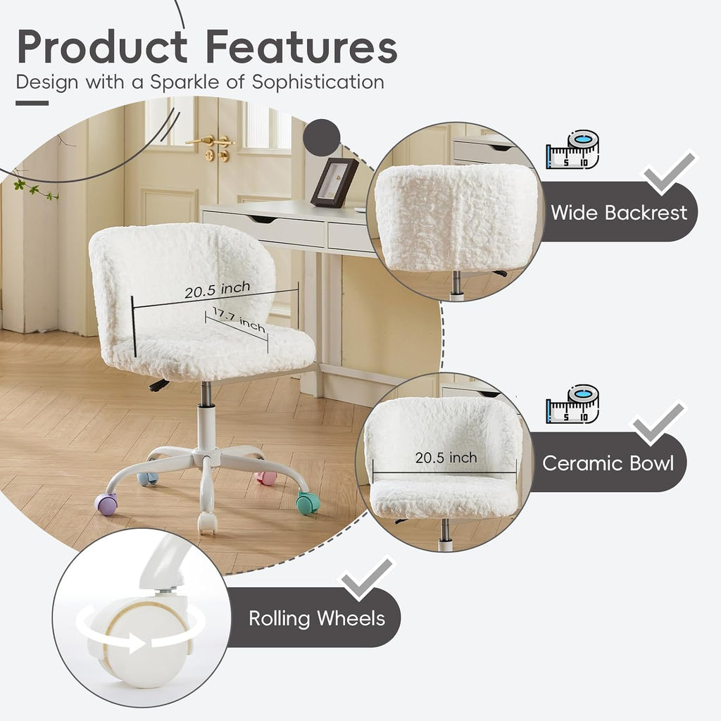 Faux Fur Vanity Desk Chair with White Metal Base – Adjustable Swivel Rolling Office Chair with Wheels, Comfy Makeup Chair for Bedroom, Study, Girls' Room, Home Office & Task Use, Ivory