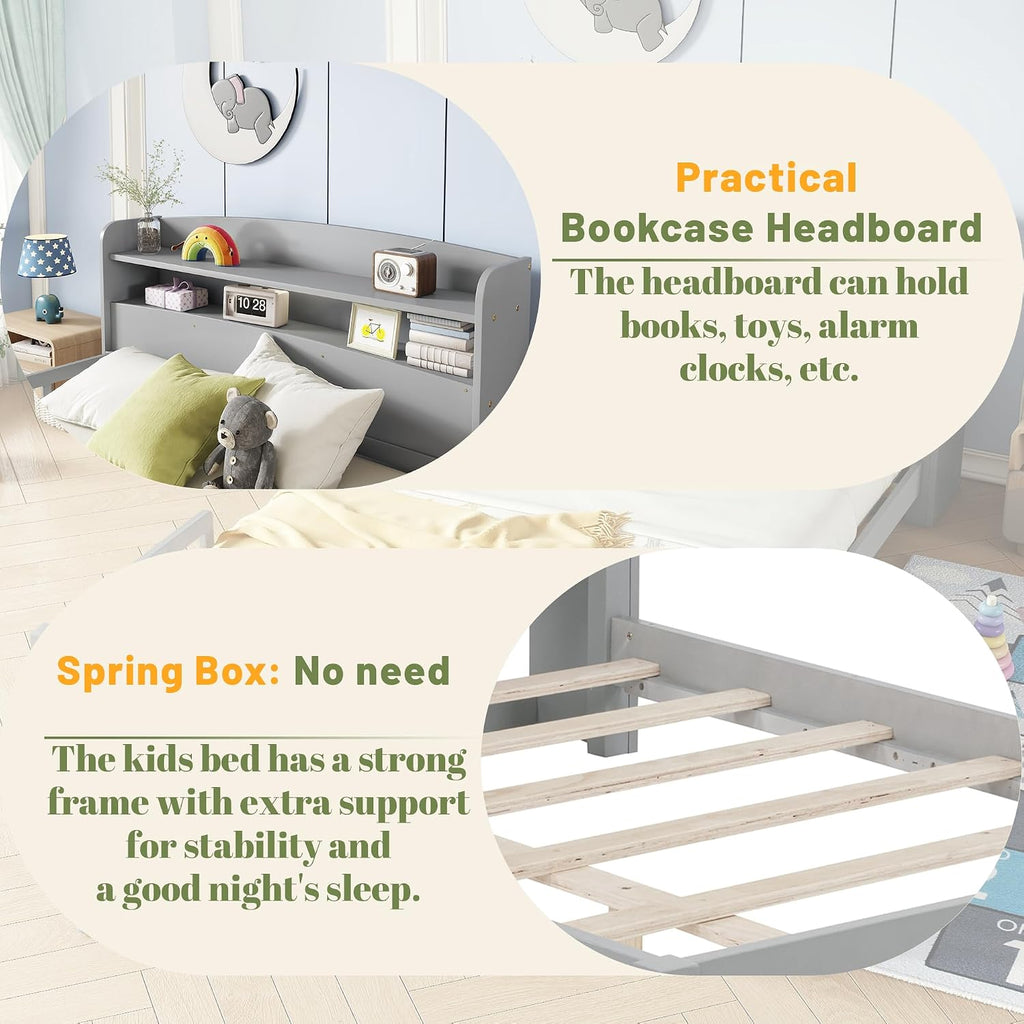 Full Size Kids Bed, Wood Kids Bed with Storage Bookcase & Headboard, Beds Frames with Rails & LED Motion Sensor Light, for Boys and Girls, Grey