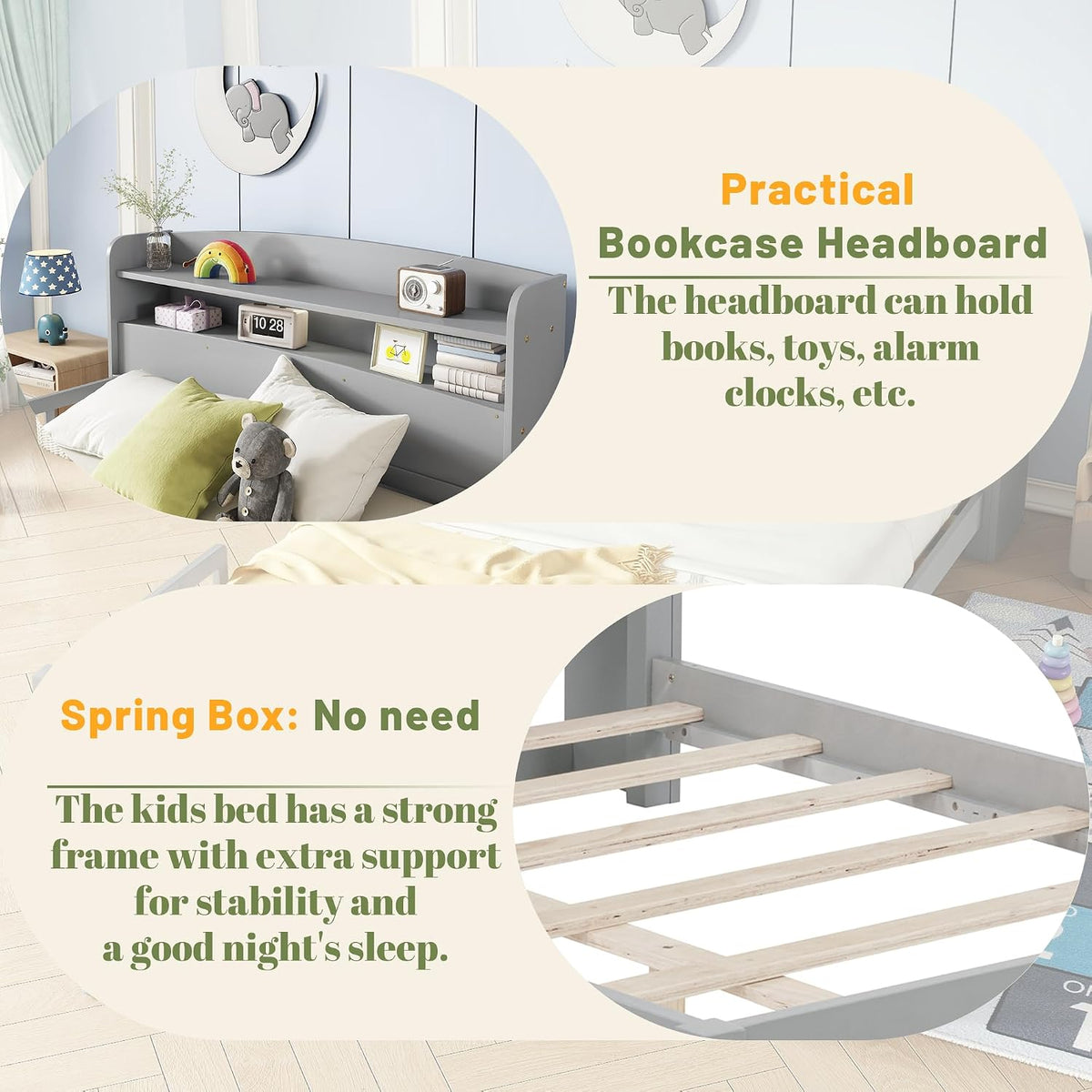 Full Size Kids Bed, Wood Kids Bed with Storage Bookcase & Headboard, Beds Frames with Rails & LED Motion Sensor Light, for Boys and Girls, Grey