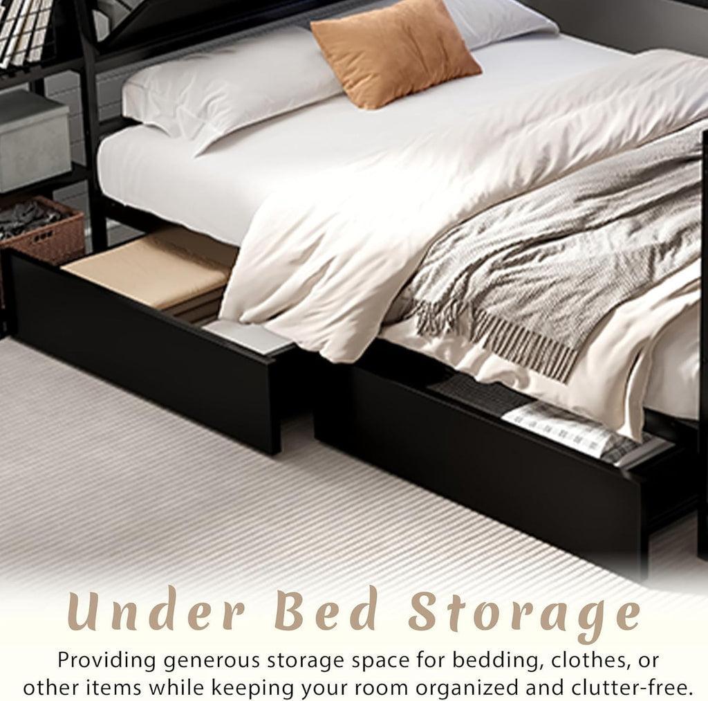 Full Corner Bed Frame with Desk, LED Lights & Charging Ports, L-Shaped Daybed with Storage Drawers, Bookcase & Open Shelves, Modern Full Size Daybed for Kids, Teens & Compact Bedrooms,Black