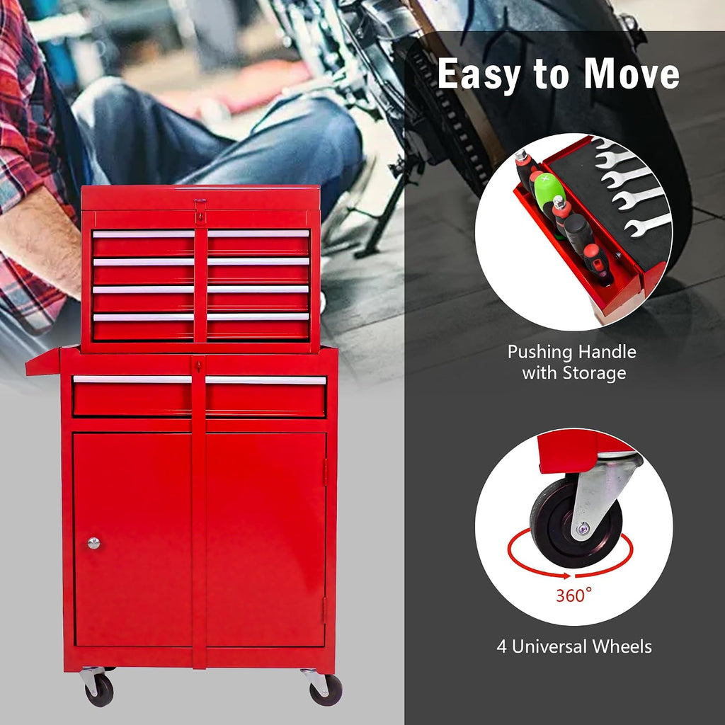 5-Drawer Tool Chest, Rolling Tool Box with Detachable Top Toolbox & Universal Wheels, Tool Cabinet with Lock Bar, Protective Liner & Tool Rack, Metal Storage Cart for Workshop,Garage (Red)