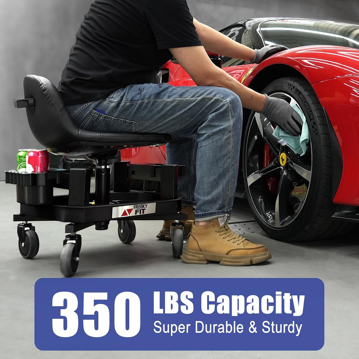 Rolling Stool with Wheels, Adjustable Shop Stool Mechanic Chair Seat Garage Shop Roller Work Chair Mobile Rolling Seat with Tool Tray, 2 Cup Holders, 4' Casters, 350 LBS, Heavy-Duty, Blue