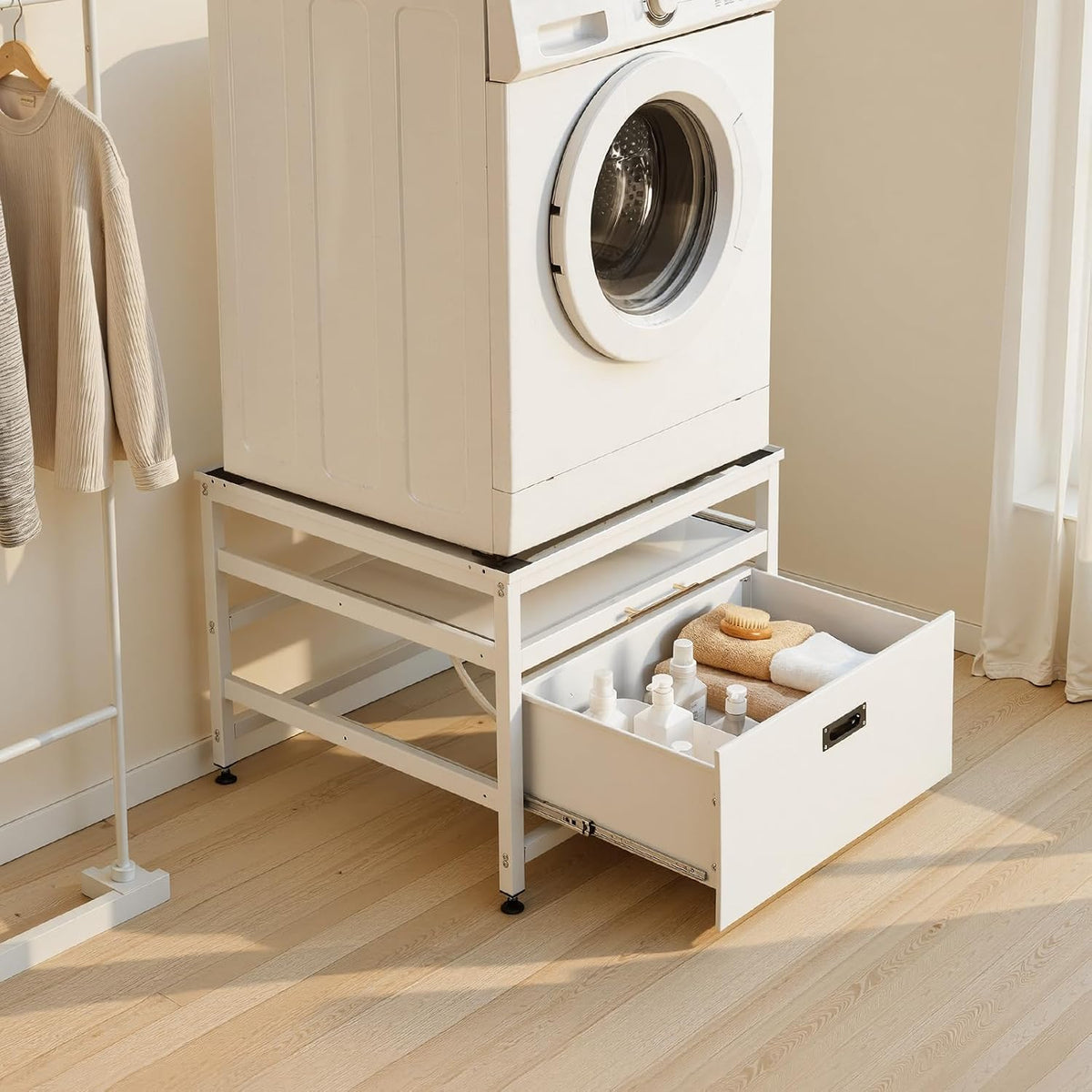 VEVOR Laundry Pedestal, 23 in Height, 29 x 29 in Washer and Dryer Pedestals with Pull-out Tray and Storage Space, 700 lbs Load Capacity, Non-Slip Feet Washing Machine Stand Universal Fit, White