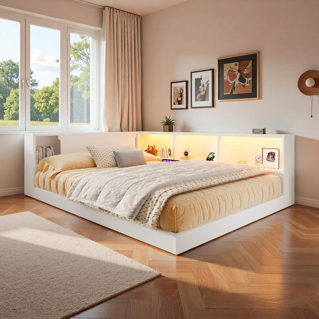 SOFTSEA Queen Size Corner Bed with Bookcase, Wood L-Shaped Floor Daybed with LED Lights & USB Ports, Floor Corner Bed Frame for Bedroom Guest Room, No Slats, White