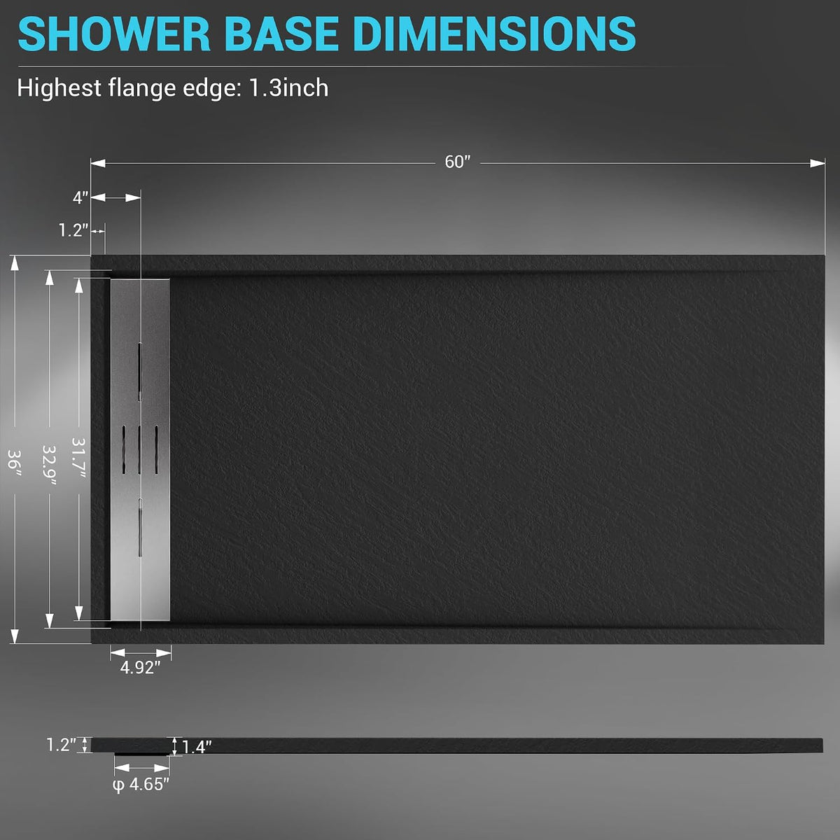 60' x 36' Zero Threshold Shower Pan with Reversible Drain, Non-Slip SMC Shower Base for Wheel Chair Access, Includes 3-Sided Aluminum Waterproof Strip (Black)